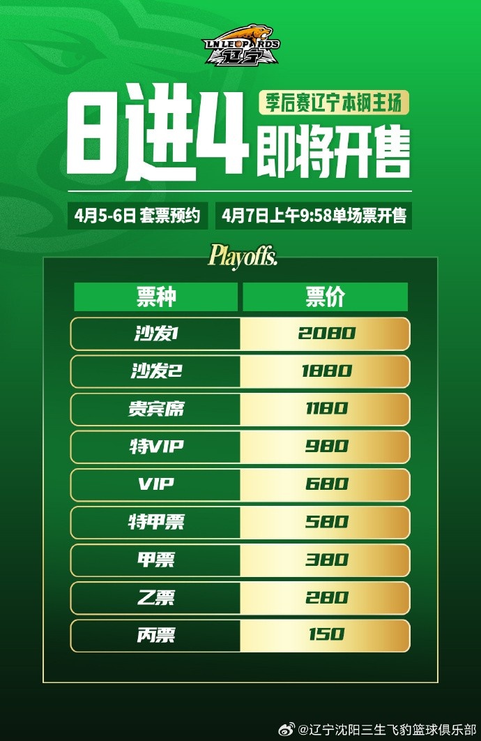 辽篮季后赛球票7号开售 最低150元 沙发座1880&2080两档